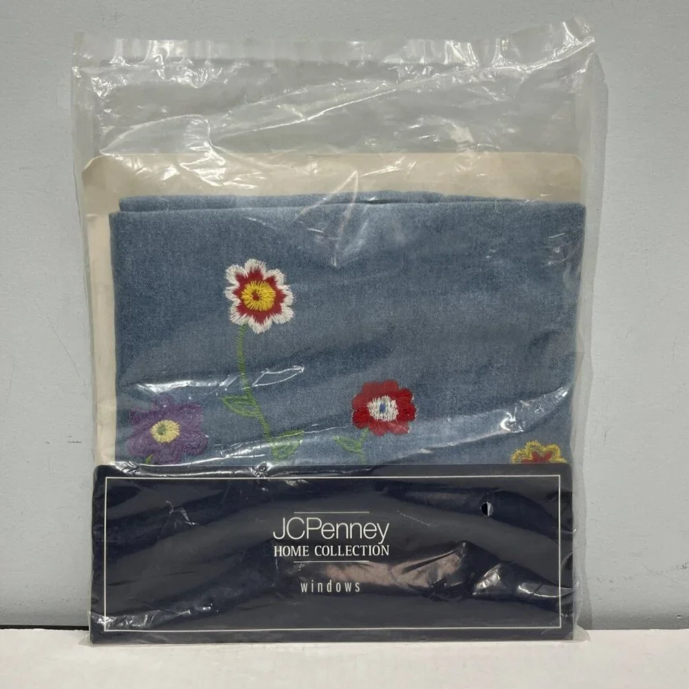 JC Penny Home Denim Valance Floral Embroidered Tab Top‎ 50x14 Boho Hippie
